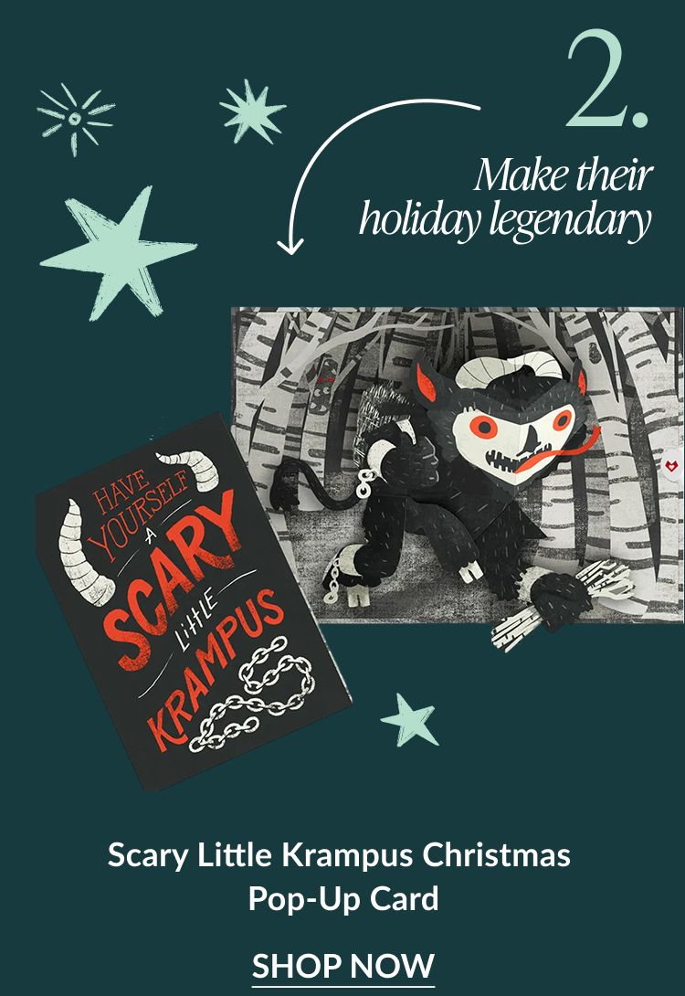 Scary Little Krampus Christmas Pop-Up Card featuring spooky black and white Krampus figure in forest with caption make their holiday legendary and shop now button