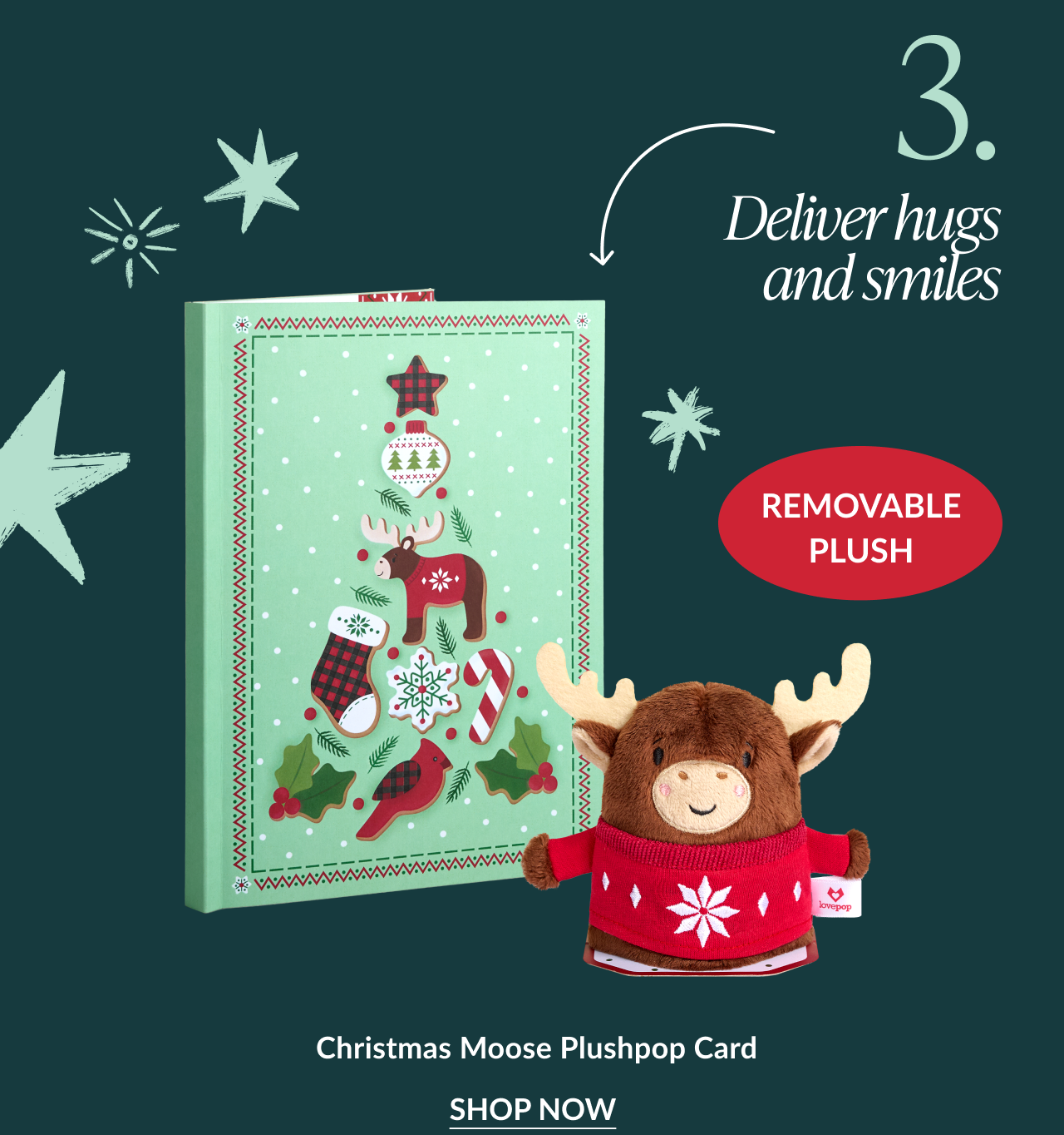 Christmas Moose Plushpop Card showing moose plush in red sweater beside mint green holiday card with caption deliver hugs and smiles removable plush and shop now button