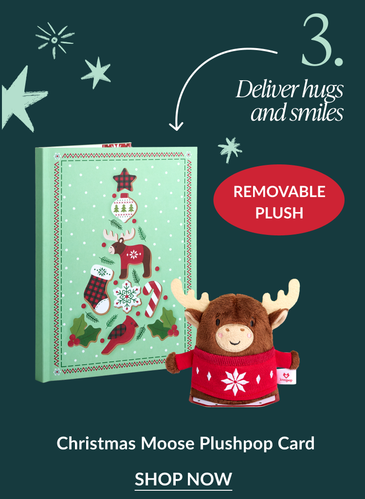 Christmas Moose Plushpop Card showing moose plush in red sweater beside mint green holiday card with caption deliver hugs and smiles removable plush and shop now button