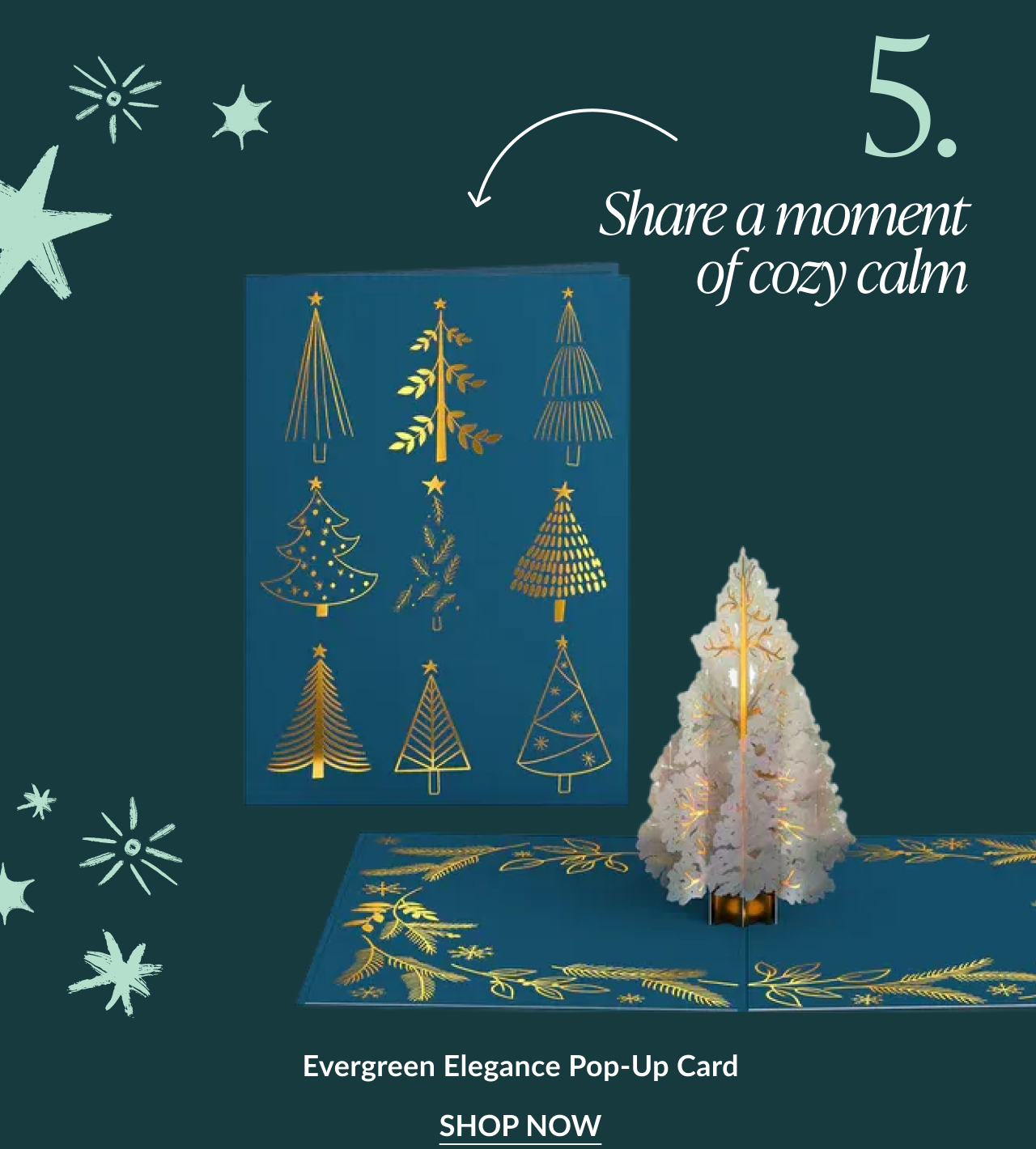 Evergreen Elegance Pop-Up Card showing navy blue and gold design with pop-up white Christmas tree captioned share a moment of cozy calm and shop now button