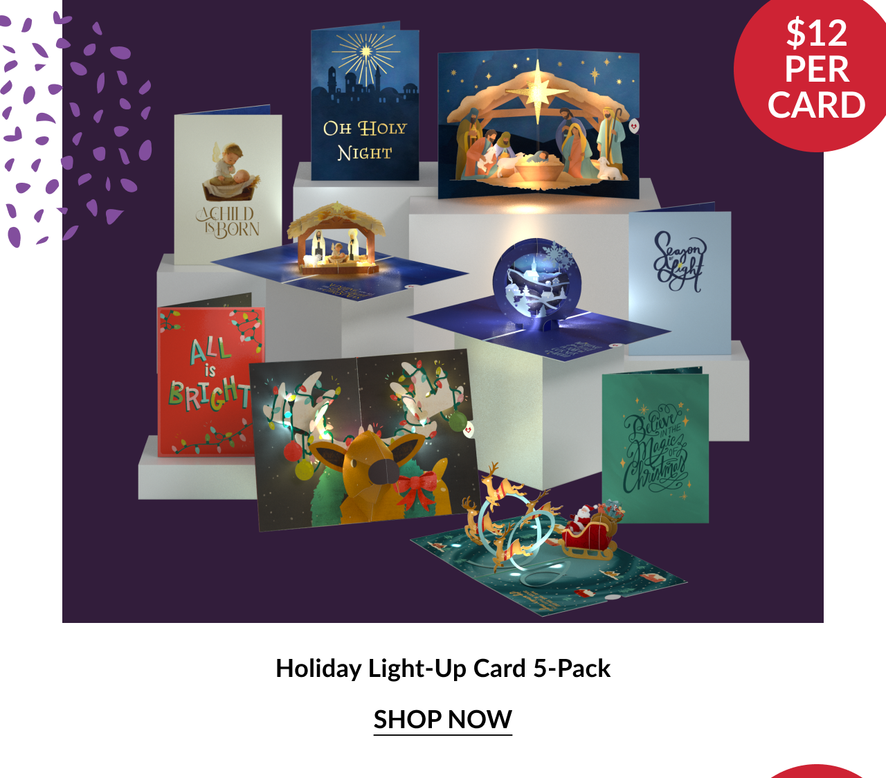 Holiday Light-Up Card 5-Pack featuring illuminated pop-up cards with nativity scenes, Santa’s sleigh, and festive phrases like Oh Holy Night and All Is Bright with red circle noting $12 per card and shop now button