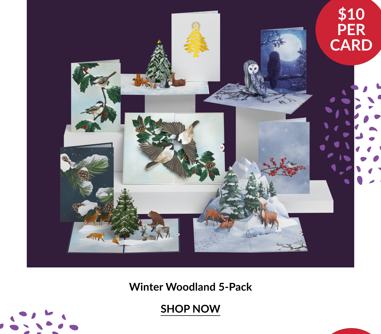 Winter Woodland 5-Pack showing pop-up cards with snowy forest animals, birds, and evergreens with red circle noting $10 per card and shop now button