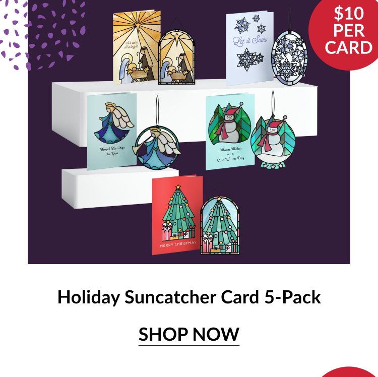 Holiday Suncatcher Card 5-Pack featuring stained-glass style cards and ornaments including angels, snowflakes, snowmen, and Christmas trees with red circle noting $10 per card and shop now button