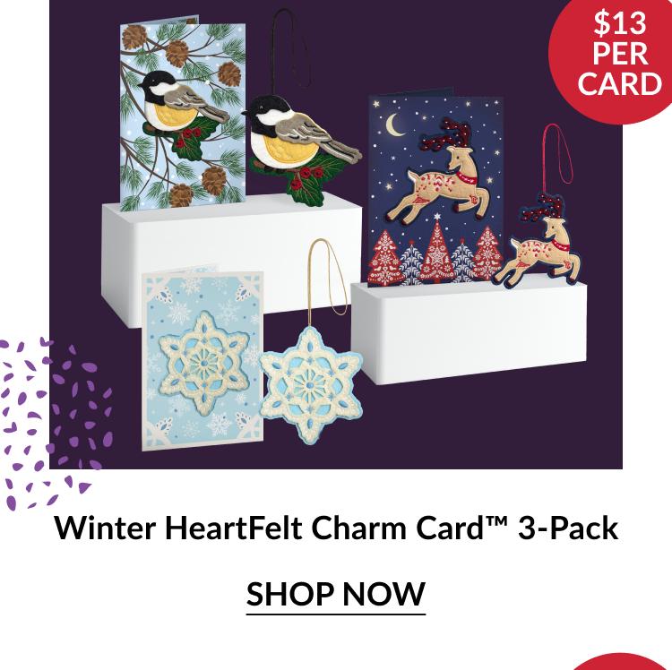 Winter HeartFelt Charm Card 3-Pack showing embroidered felt ornaments of chickadees, reindeer, and snowflakes displayed beside matching cards with red circle noting $13 per card and shop now button