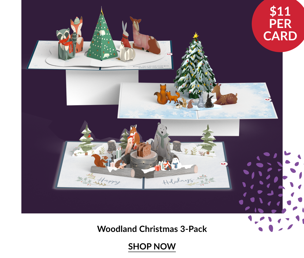Religious Christmas 3-Pack featuring nativity-themed pop-up cards and cathedral designs in white, gold, and red with red circle noting $11 per card and shop now button