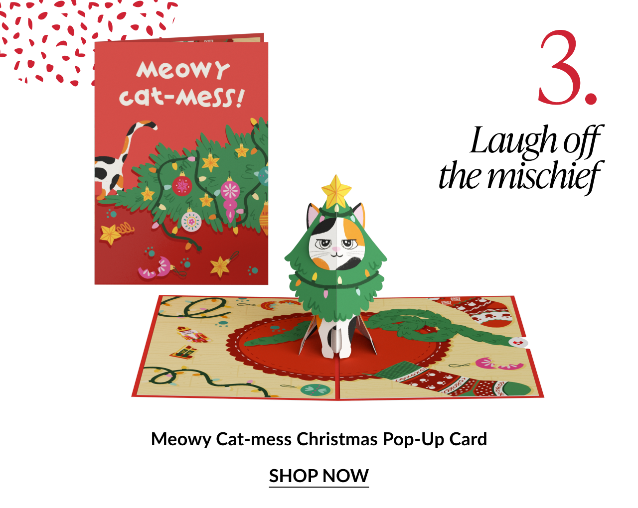 Meowy Cat mess Christmas pop up card featuring grumpy cat dressed as a Christmas tree