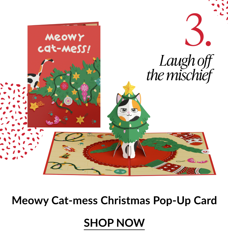 Meowy Cat mess Christmas pop up card featuring grumpy cat dressed as a Christmas tree