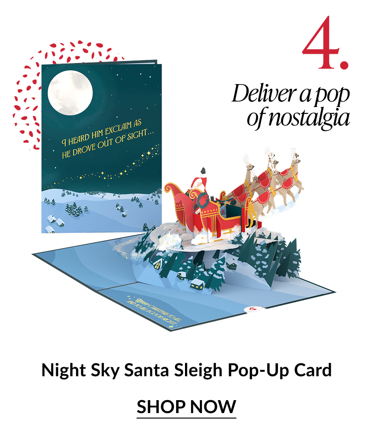 Night Sky Santa Sleigh pop up card with Santa flying over snowy village