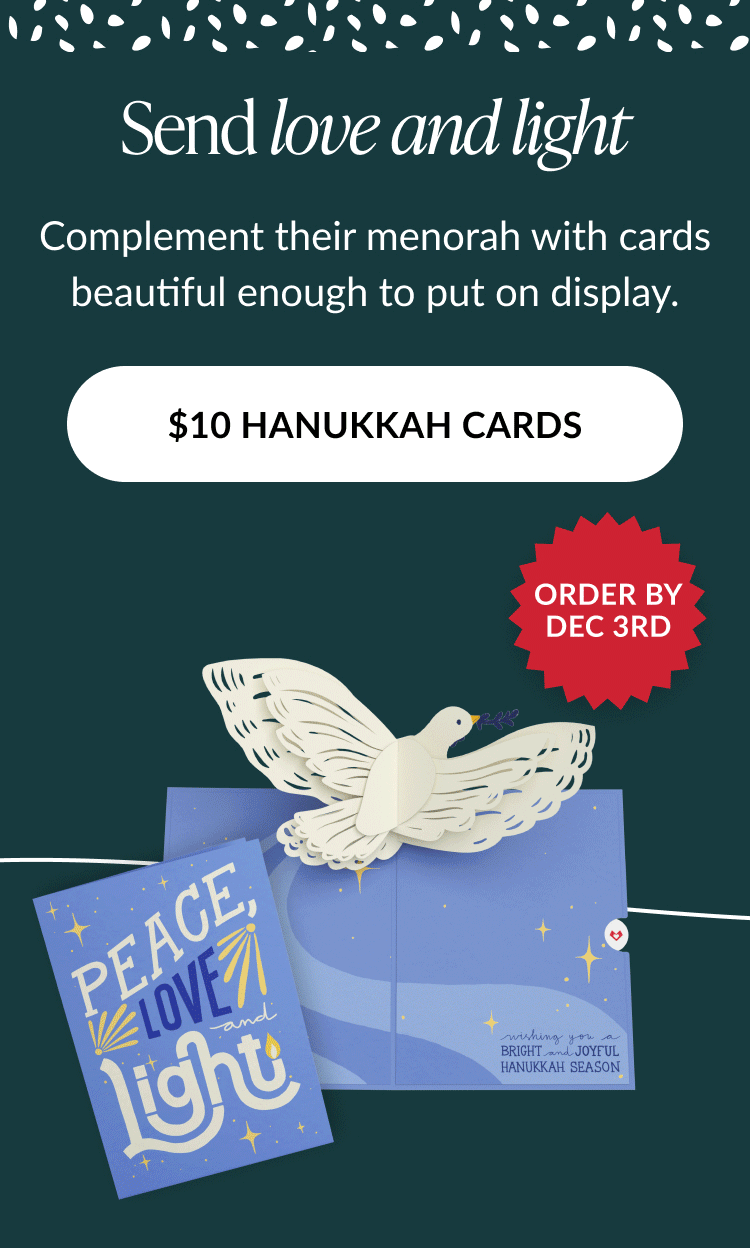 Peace Love and Light Hanukkah pop up card with flying dove and Order by December 3rd badge