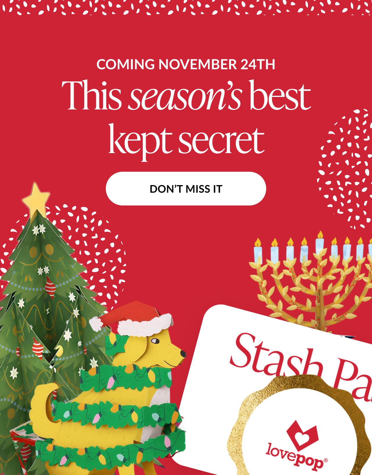 Coming November 24th teaser with dog wrapped in Christmas lights tree and menorah and Dont Miss It button