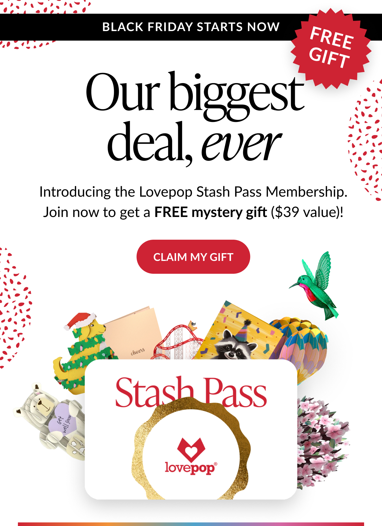 Text on deep purple background reading magic on repeat with description about bestselling holiday value packs and up to 23% off badge above display of pop-up cards featuring winter birds, deer, owls, and Christmas trees with shop now button