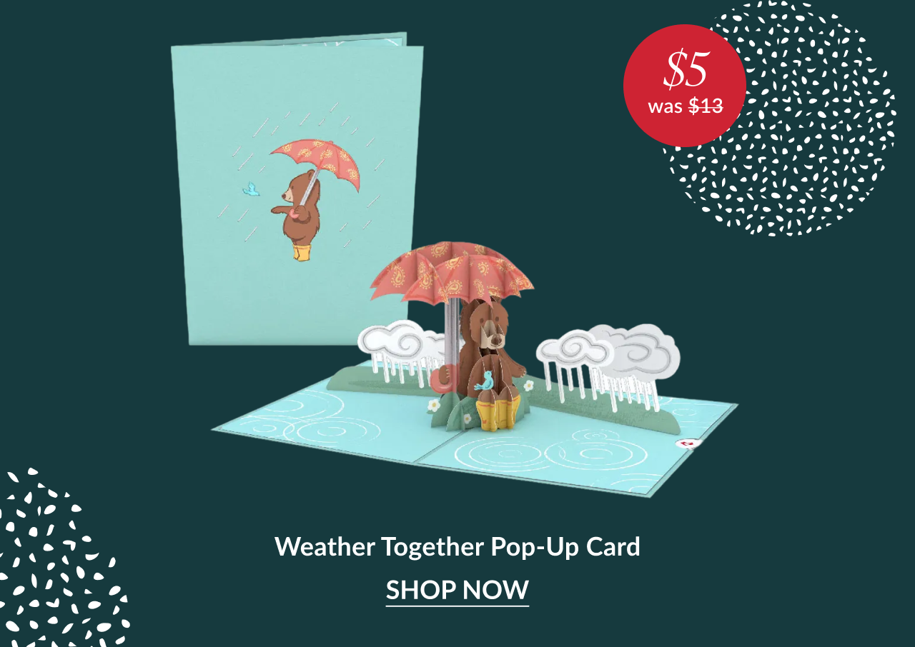 Weather Together pop up card with bear holding umbrella in rainy scene and five dollar sale badge