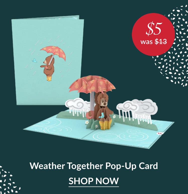 Weather Together pop up card with bear holding umbrella in rainy scene and five dollar sale badge