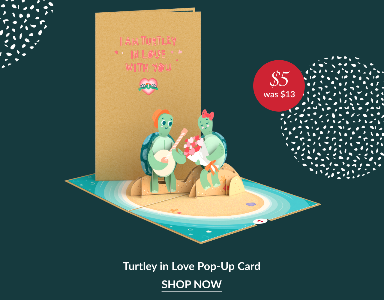 Turtley in Love pop up card with two turtles on the beach holding guitar and flowers and five dollar sale badge