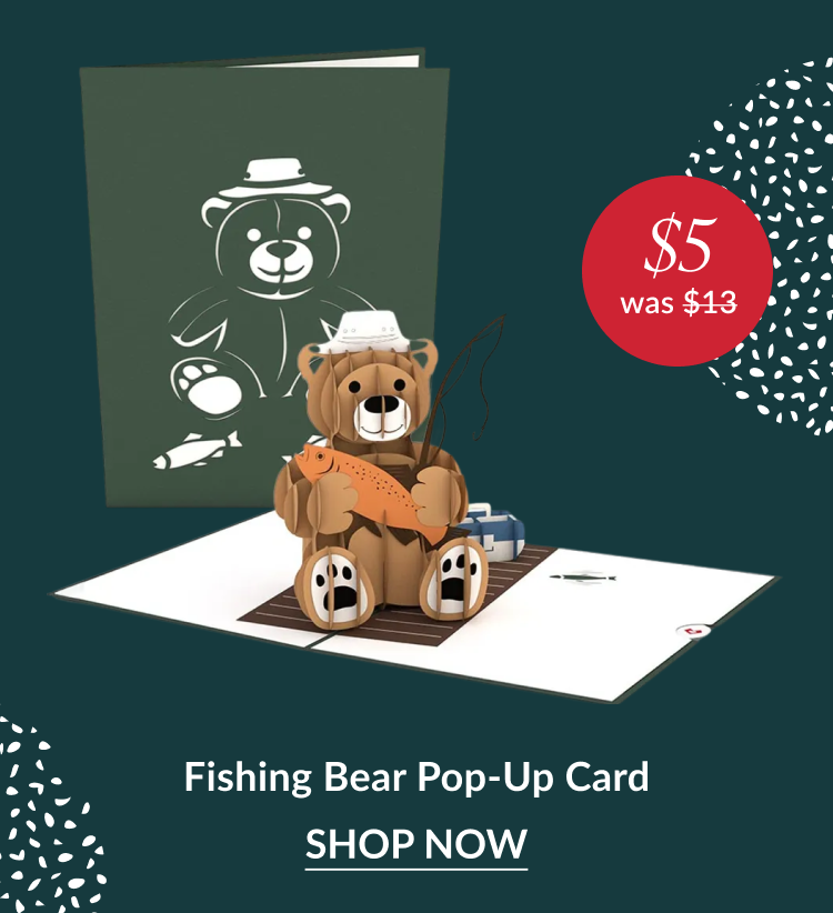 Fishing Bear pop up card with bear holding fish and five dollar sale badge