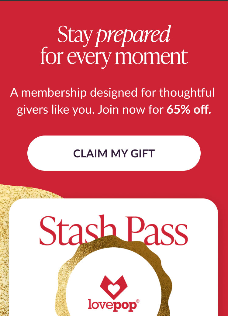 Stay prepared for every moment headline promoting 65% off Stash Pass membership with a Claim My Gift button and partial Stash Pass card shown at bottom