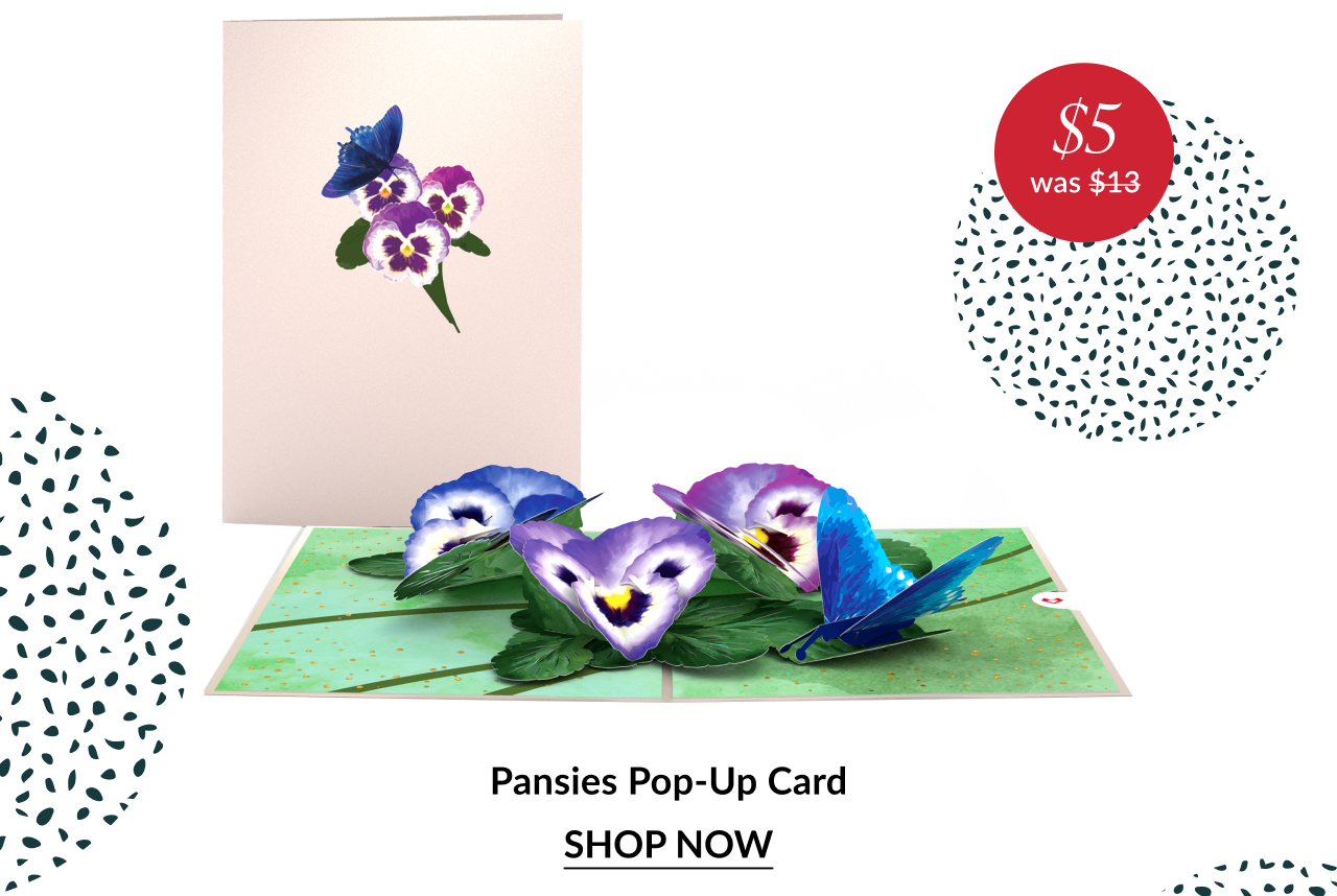 Pansies pop up card with butterfly and five dollar sale badge