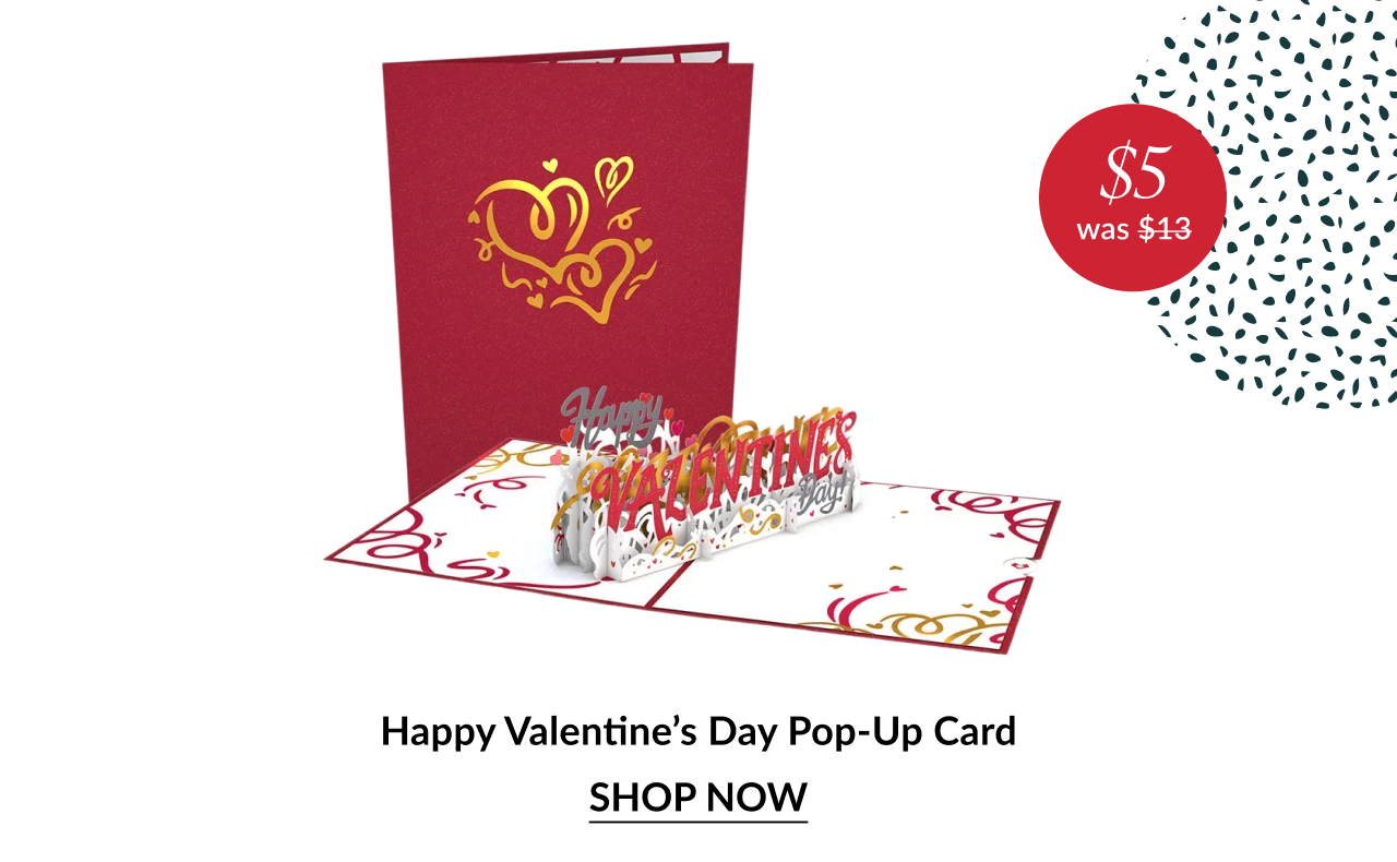 Happy Valentine’s Day pop up card with hearts and five dollar sale badge