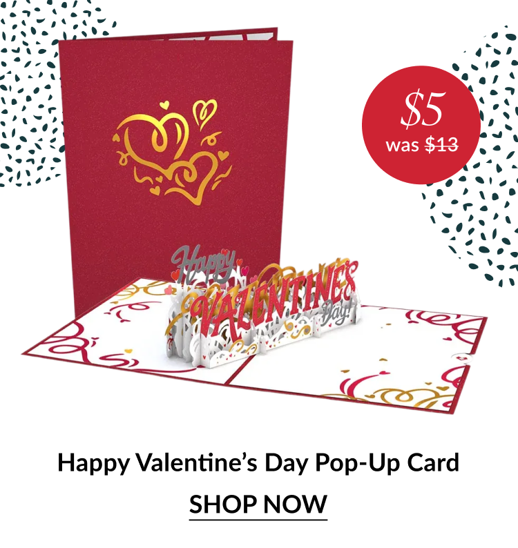 Happy Valentine’s Day pop up card with hearts and five dollar sale badge