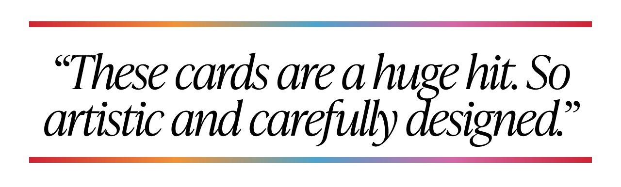 Quote saying these cards are a huge hit framed with gradient border