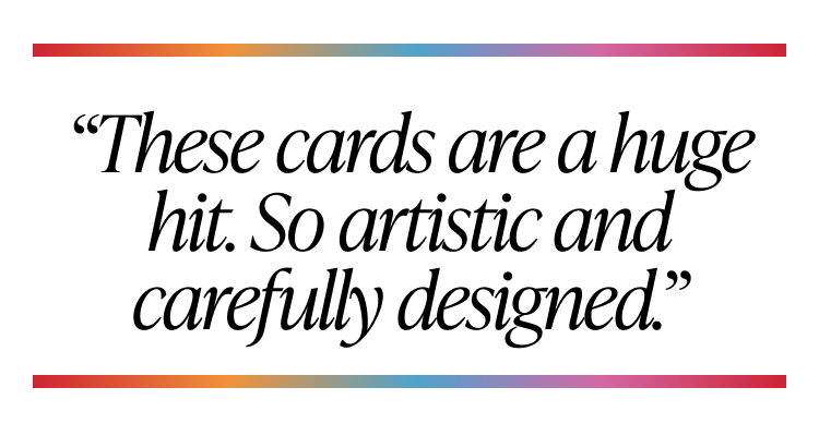 Quote saying these cards are a huge hit framed with gradient border