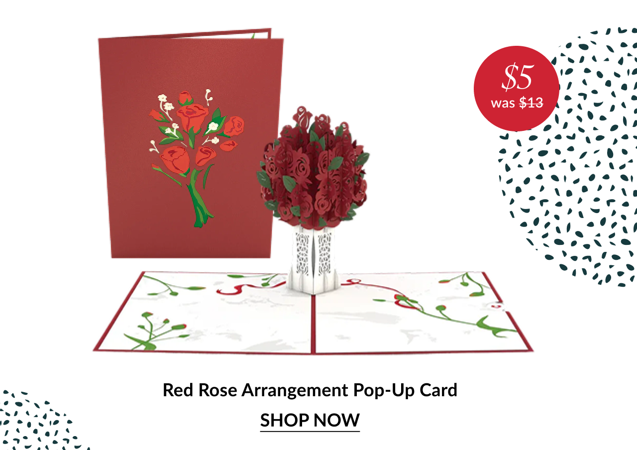 Red Rose Arrangement pop up card with five dollar sale badge