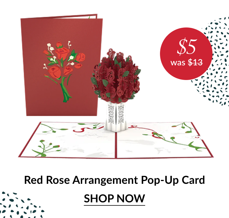 Red Rose Arrangement pop up card with five dollar sale badge
