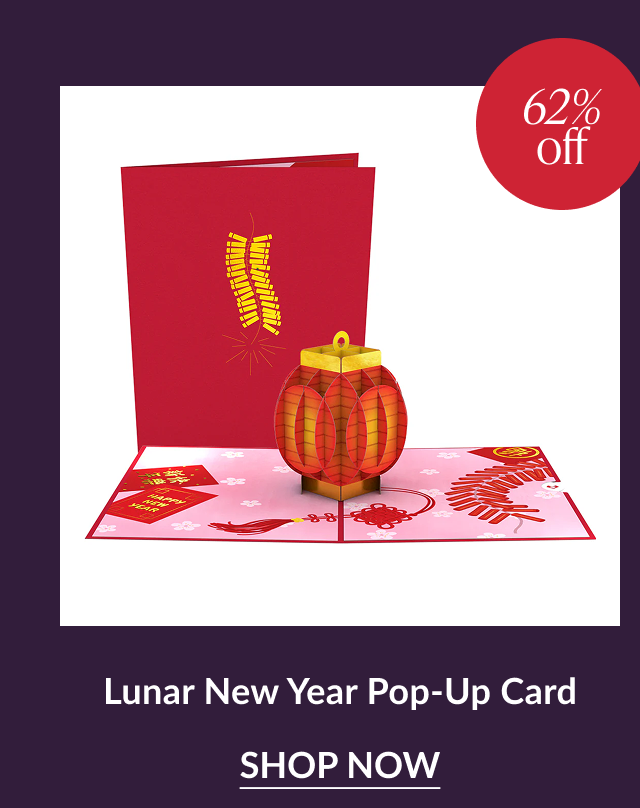Lunar New Year pop up card with lantern and sixty two percent off badge