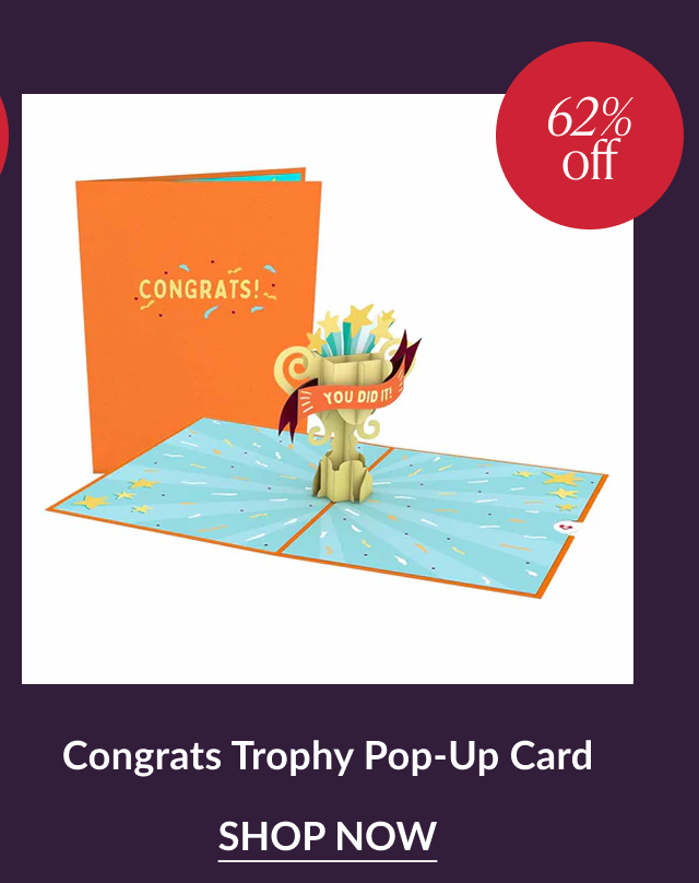 Congrats Trophy pop up card with orange cover and sixty two percent off badge