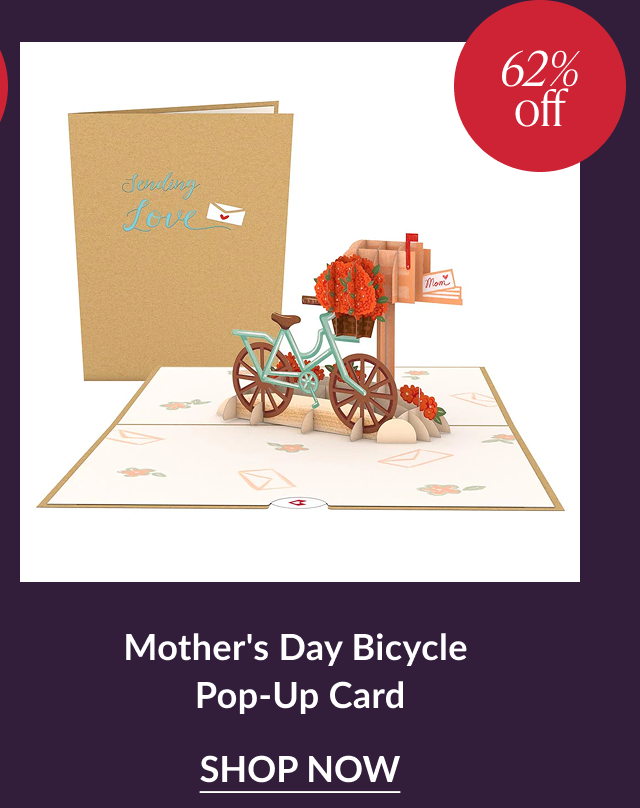 Mother’s Day Bicycle pop up card with teal bike and flowers and sixty two percent off badge