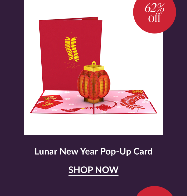 Lunar New Year pop up card with lantern and sixty two percent off badge