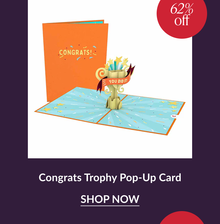 Congrats Trophy pop up card with orange cover and sixty two percent off badge