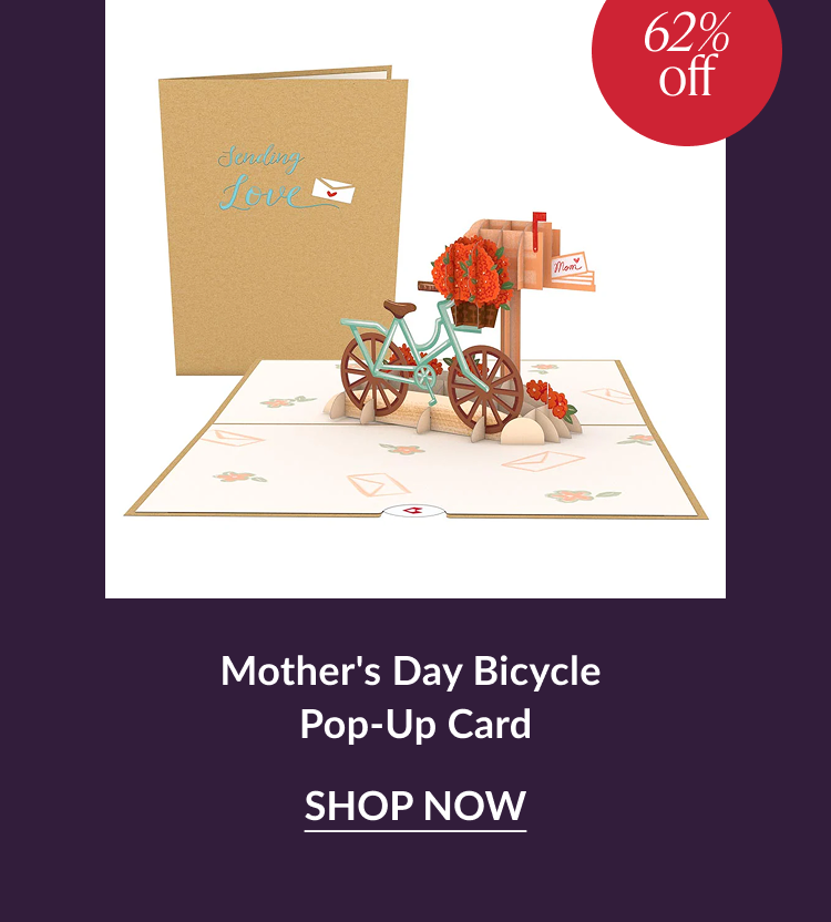 Mother’s Day Bicycle pop up card with teal bike and flowers and sixty two percent off badge
