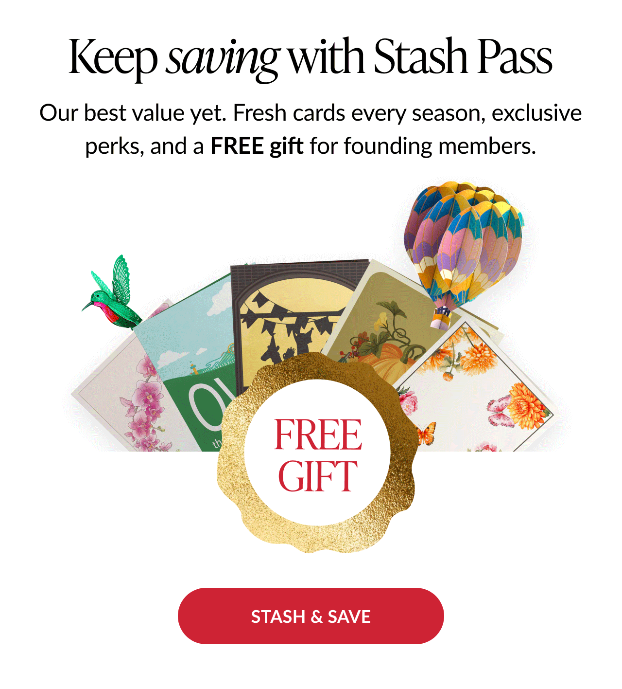 Stash Pass promo with assortment of cards and free gift badge