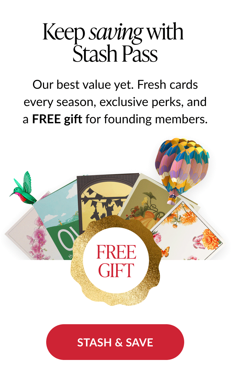 Stash Pass promo with assortment of cards and free gift badge