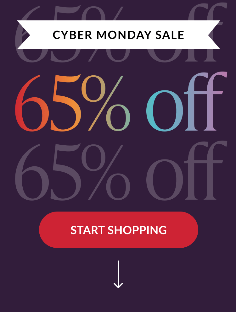Cyber Monday sale banner with large multicolor 65 percent off text and Start Shopping button