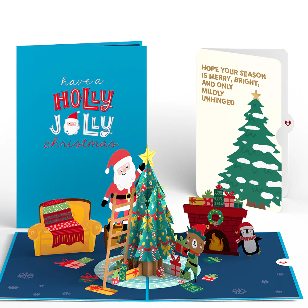 Santa Decorating a Christmas Tree Pop-Up Card and Blessing Sentiment Set