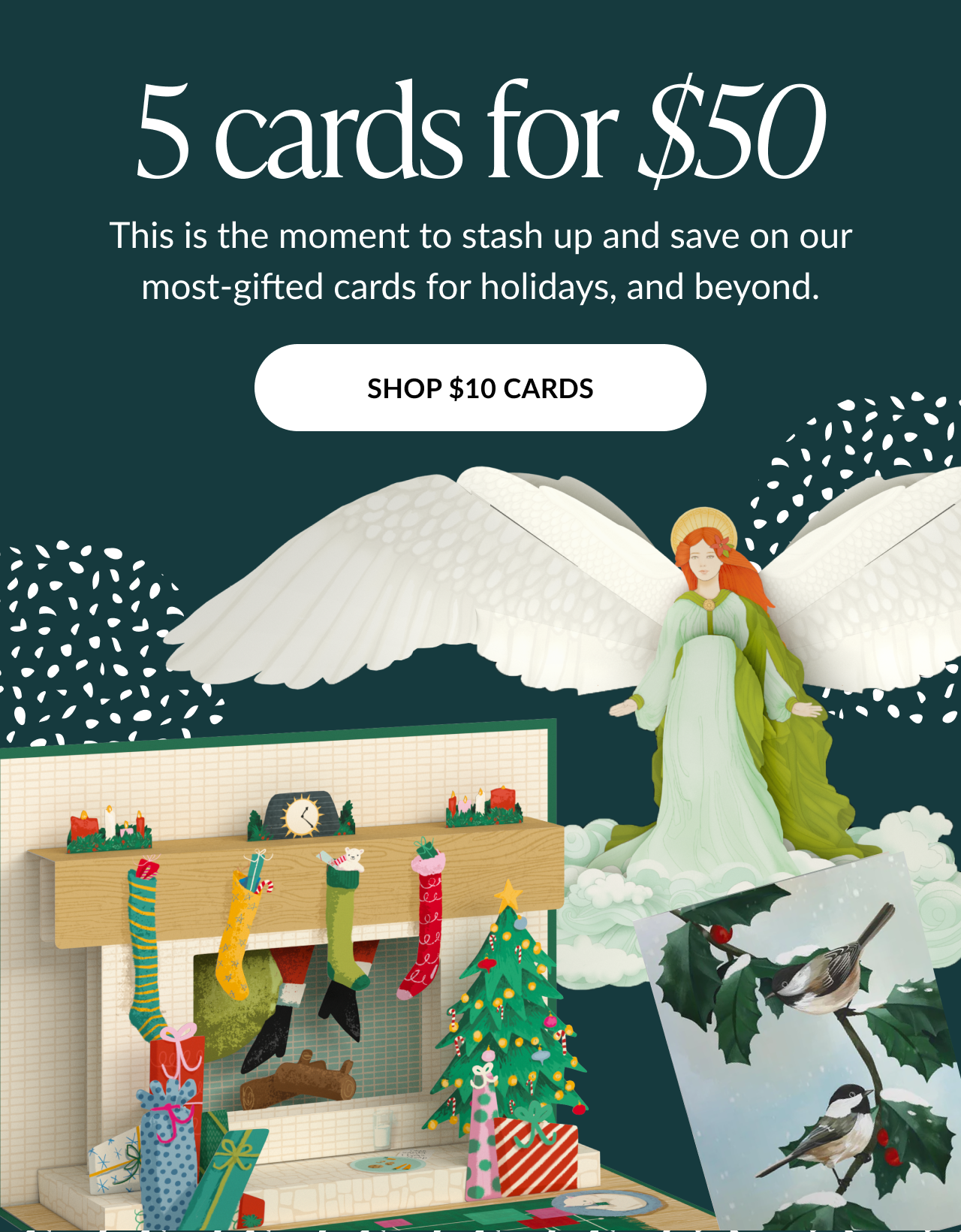 5 cards for $50 banner with Shop $10 Cards button and holiday pop-up designs