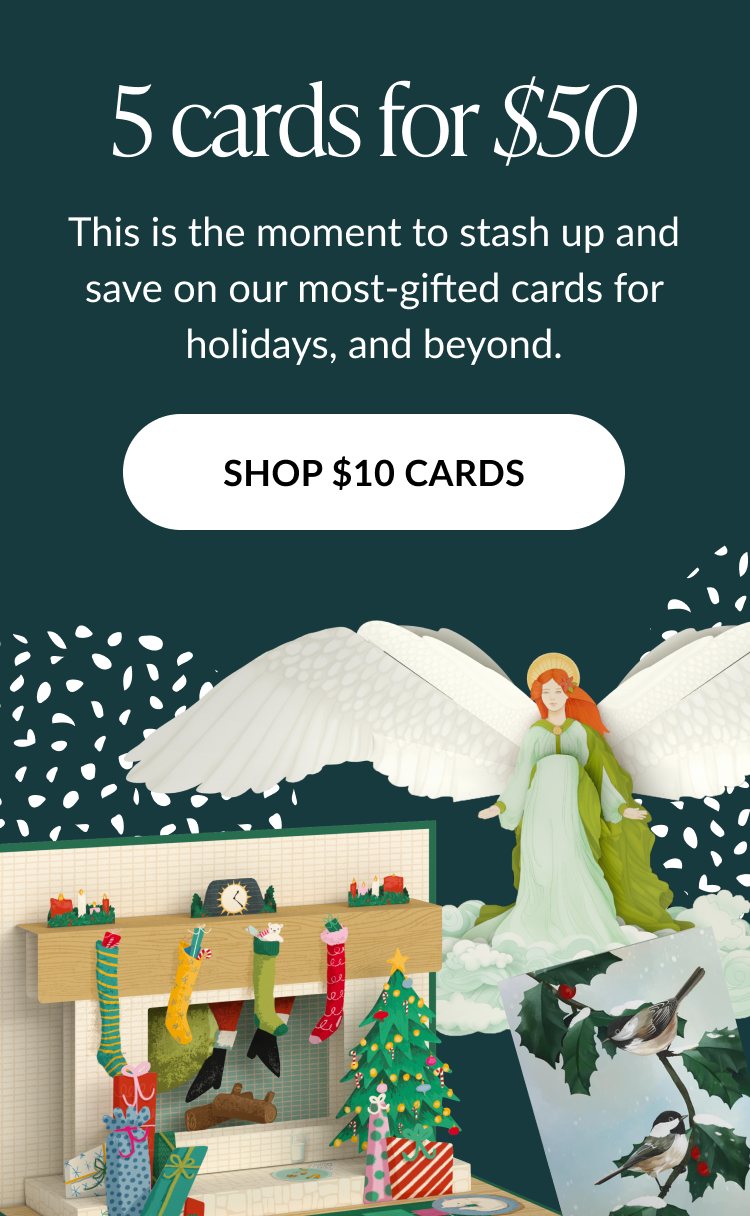 5 cards for $50 banner with Shop $10 Cards button and holiday pop-up designs