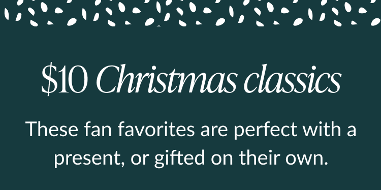 $10 Christmas classics banner on dark green background