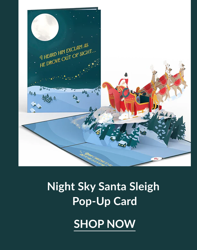 Night Sky Santa Sleigh pop-up card with snowy night scene