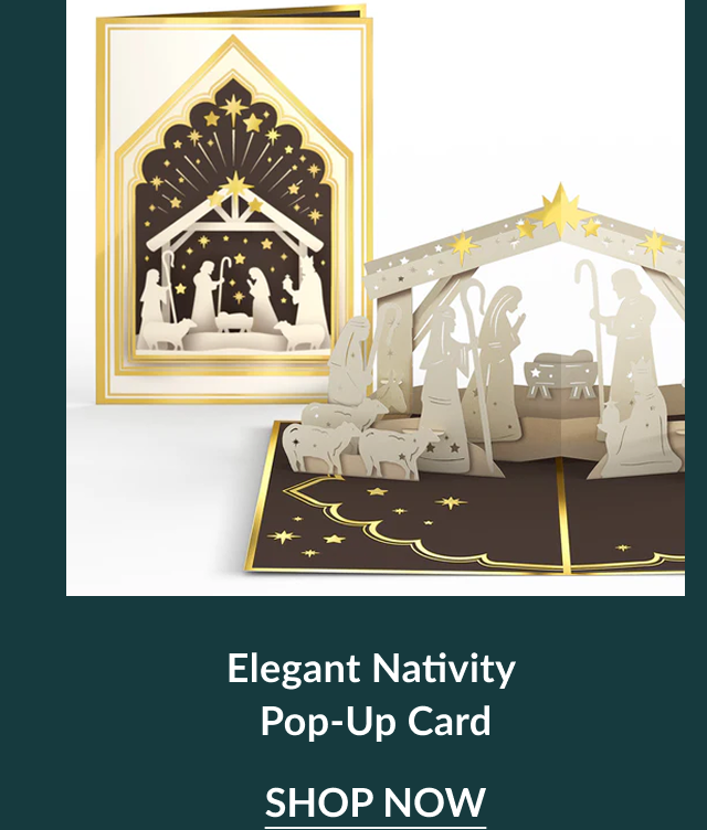 Elegant Nativity pop-up card with gold accents and manger scene