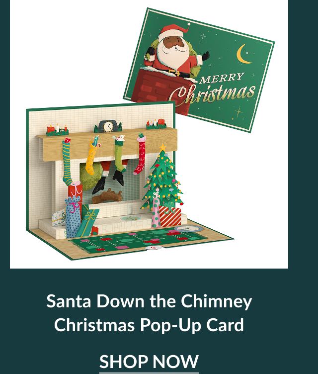 Santa Down the Chimney pop-up card with stockings and Christmas tree