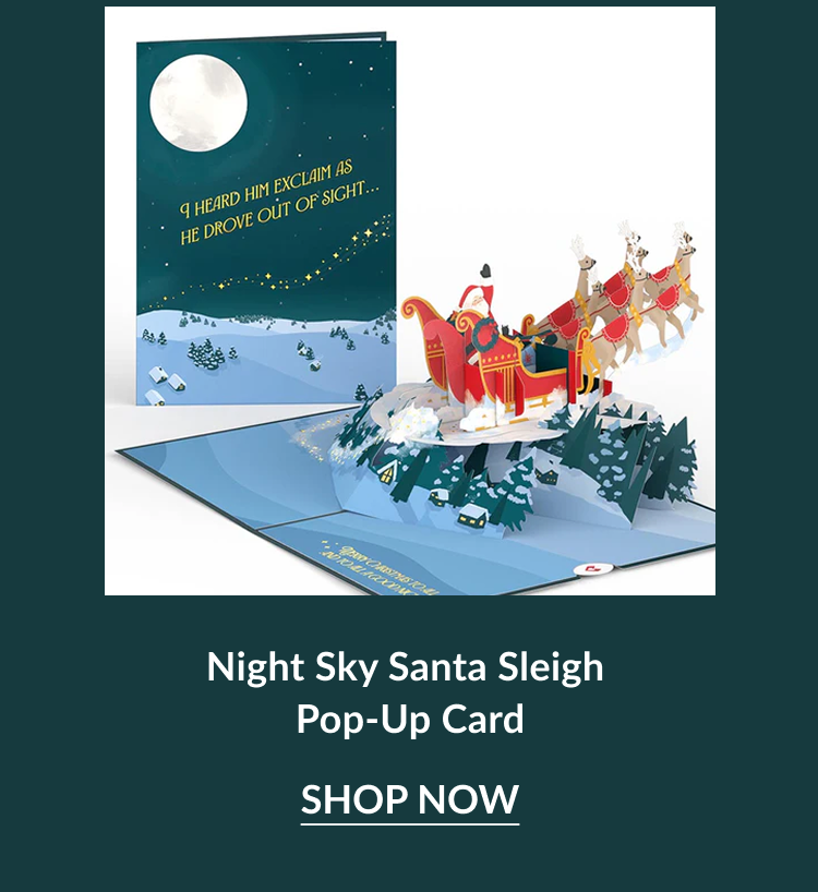 Night Sky Santa Sleigh pop-up card with snowy night scene