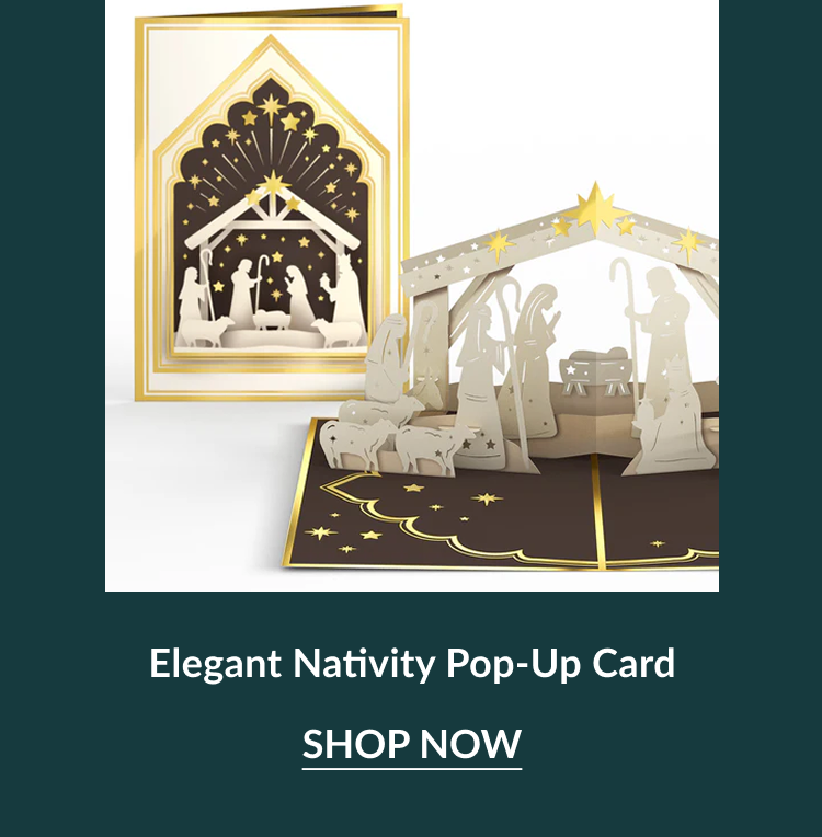 Elegant Nativity pop-up card with gold accents and manger scene