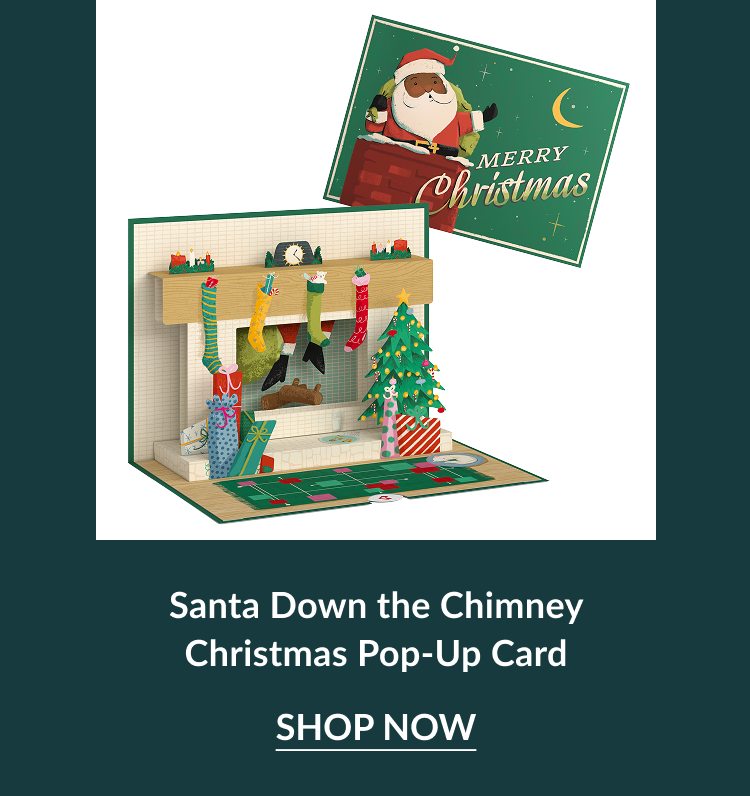 Santa Down the Chimney pop-up card with stockings and Christmas tree