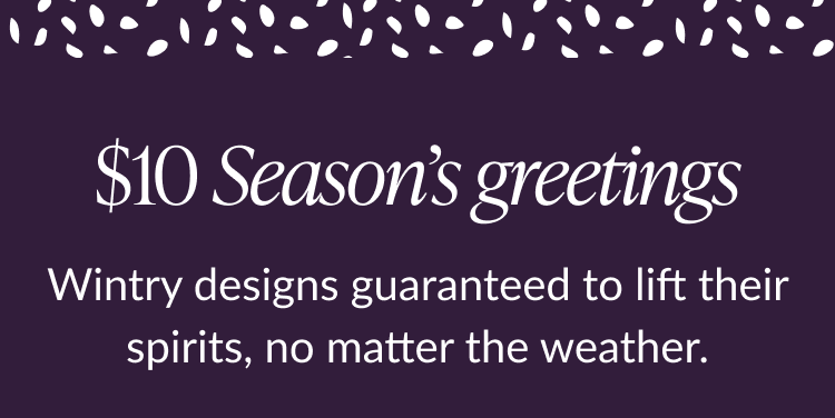 $10 Season’s greetings banner on dark purple background