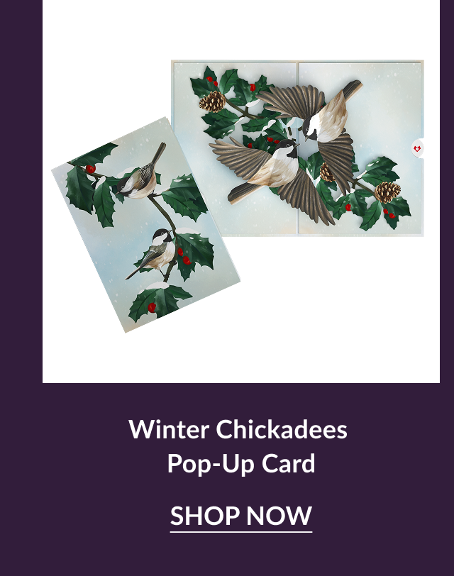 Winter Chickadees pop-up card with holly branches and birds