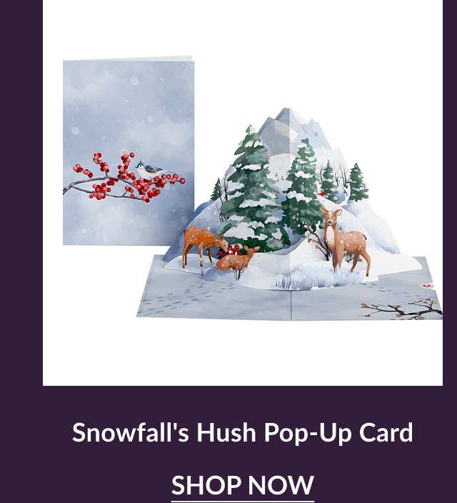 Snowfall’s Hush pop-up card with deer and snowy trees
