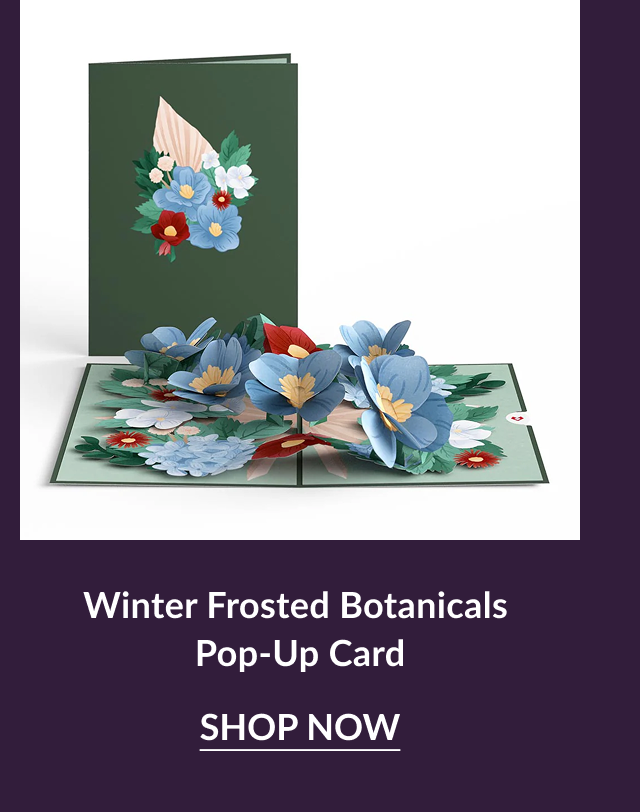 Winter Frosted Botanicals pop-up card with blue and red flowers
